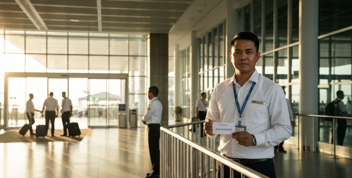A private taxi driver holding a name sign at SSR Airport arrivals hall, waiting to greet passengers stepping through the arrival doors, warm afternoon light filtering through glass panels