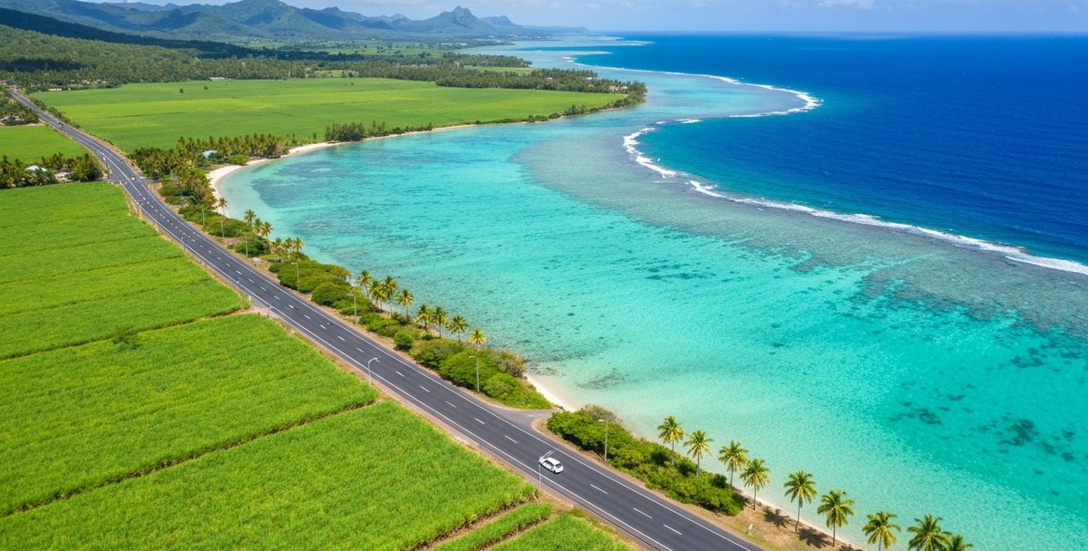 An aerial drone photograph of the coastal road running south-east along the Mauritian coast near Mahébourg, turquoise Indian Ocean lagoon visible on one side, lush green sugarcane fields on the other, a single car travelling along the empty road at midday