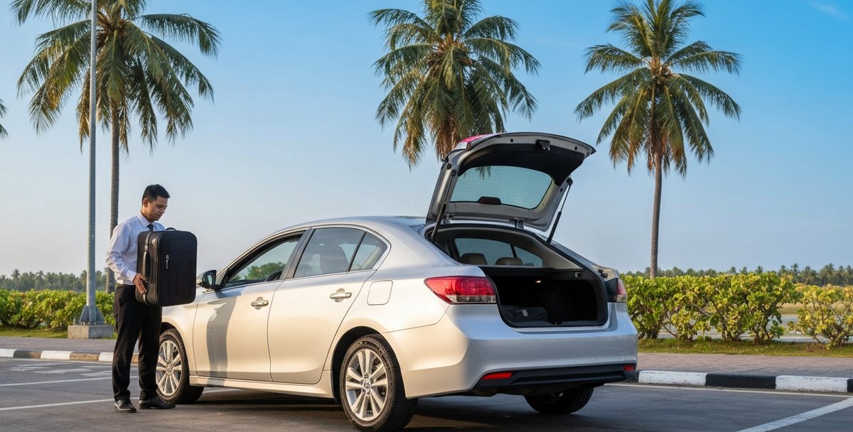 A clean air-conditioned private transfer vehicle parked at the kerbside outside SSR Airport, tropical palm trees in the background, early morning golden light, a driver in a collared shirt loading a suitcase into the boot