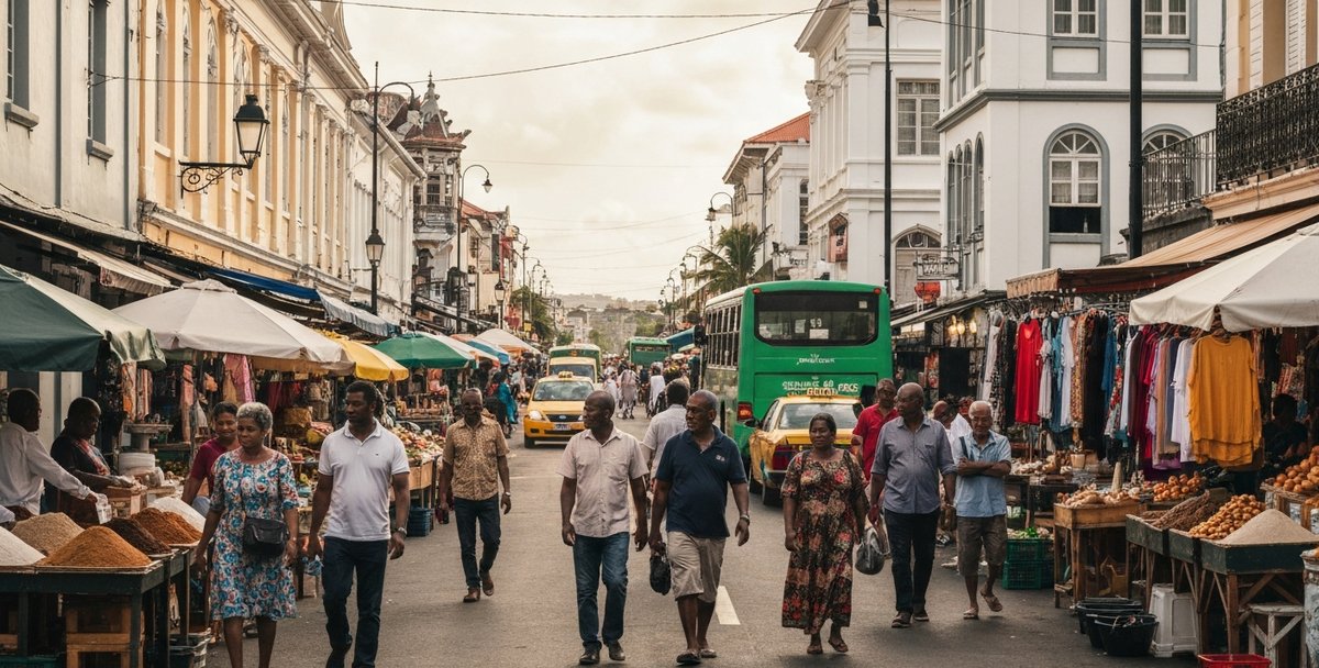 A busy street scene in Port Louis, Mauritius, late morning, colourful market stalls visible, taxis and buses in the background, warm tropical light, people walking on a wide pavement