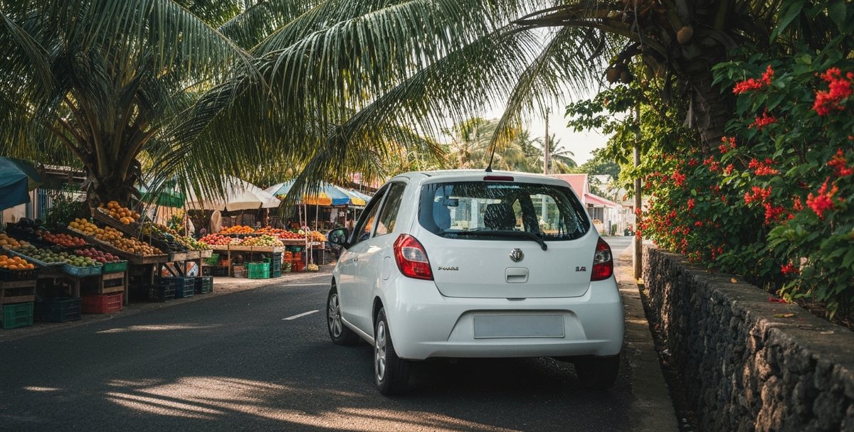 A clean white compact hire car parked on a quiet road near a Mauritian village, afternoon light, coconut palms overhead, a local market visible in the background