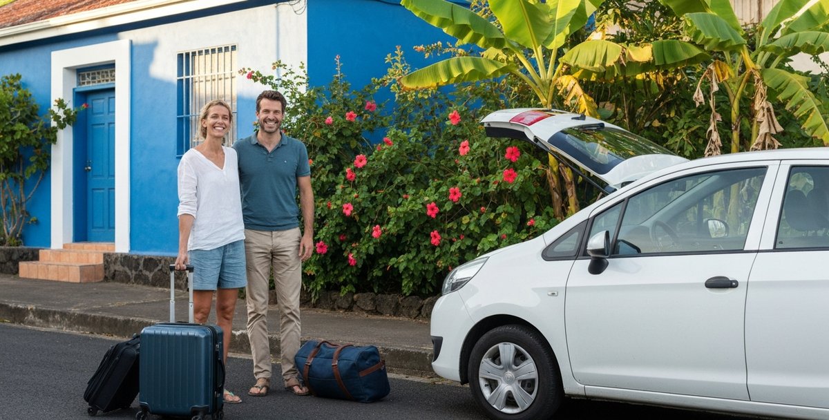 A smiling couple loading luggage into a rental car outside a blue-painted guesthouse in a quiet Mauritius village, lush tropical garden visible, bright morning light
