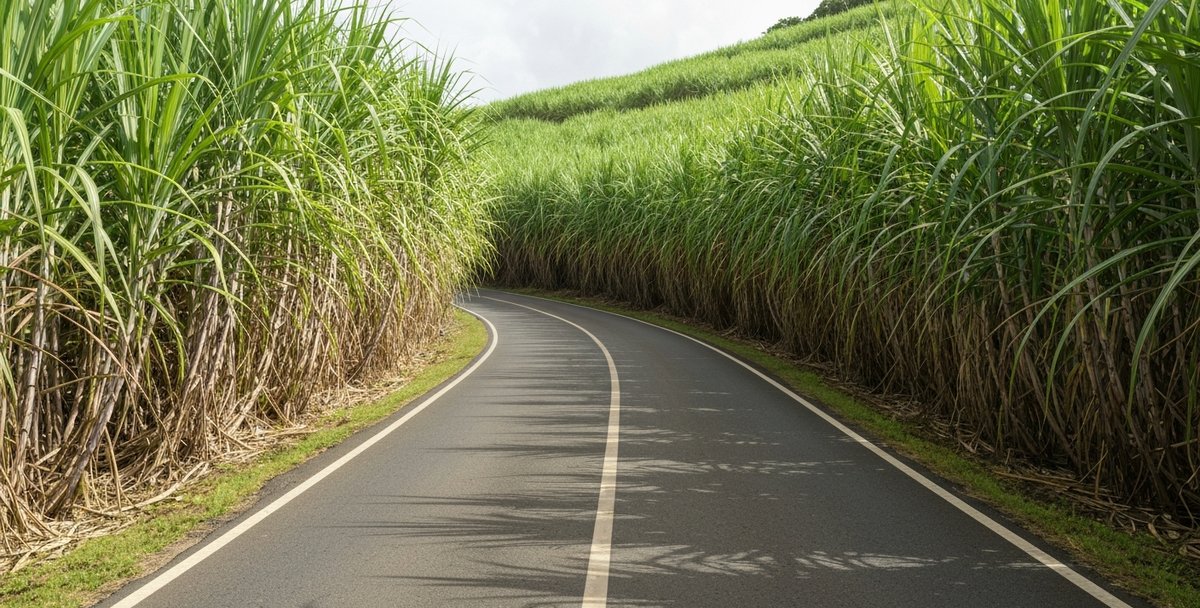 A narrow inland road winding through dense sugar cane fields in central Mauritius, dappled afternoon light filtering through the cane, no other vehicles visible