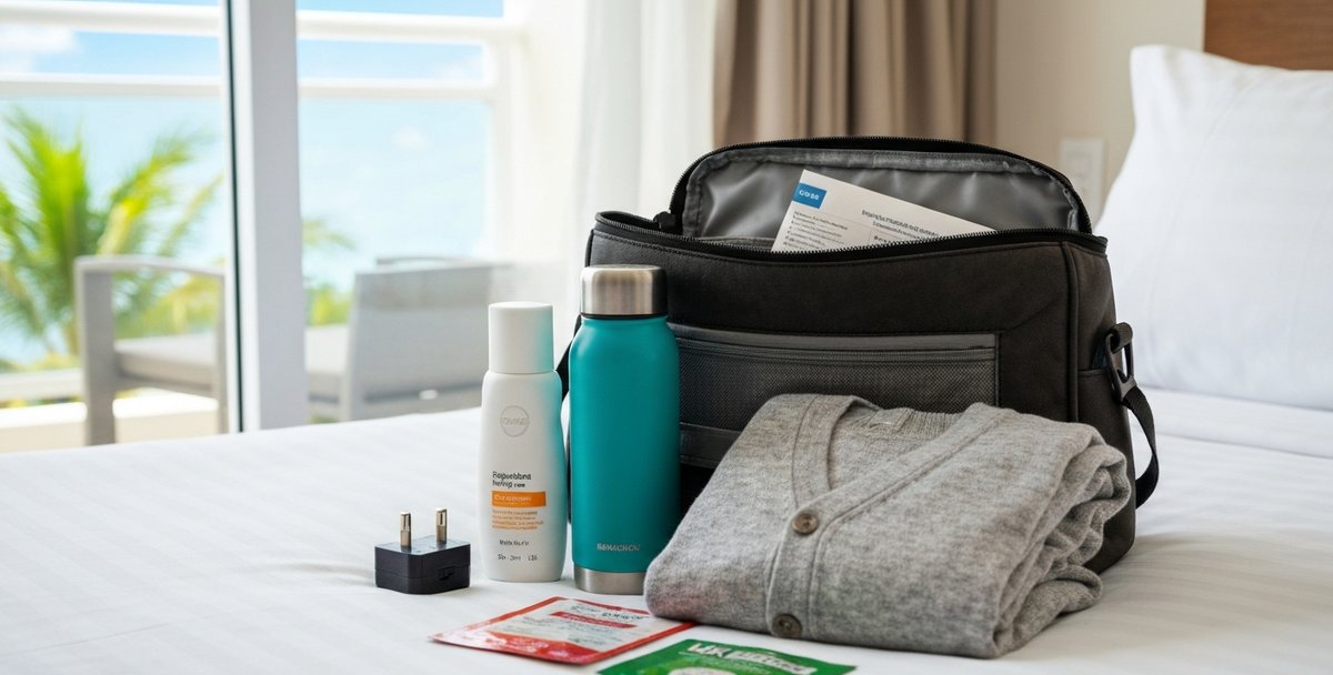 A neatly packed travel bag open on a hotel room bed in Mauritius, with sunscreen, a reusable water bottle, a light jacket, and travel documents visible — bright natural light from a balcony window