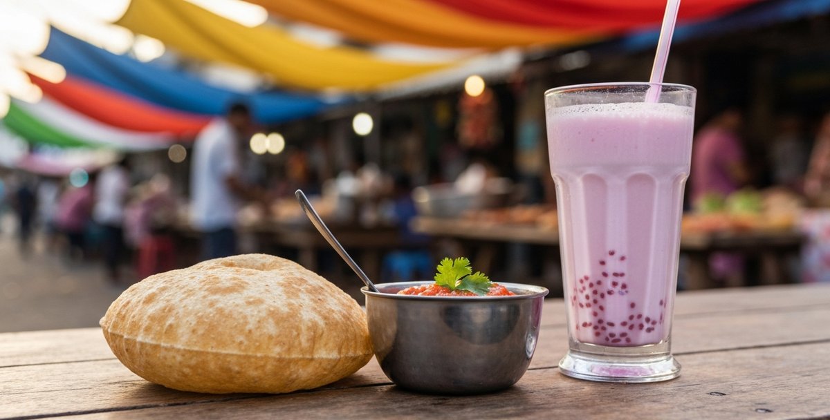 A spread of Mauritian street food on a wooden table — dholl puri flatbread, rougaille sauce, and a glass of alouda milk shake — photographed in warm afternoon light at an outdoor market