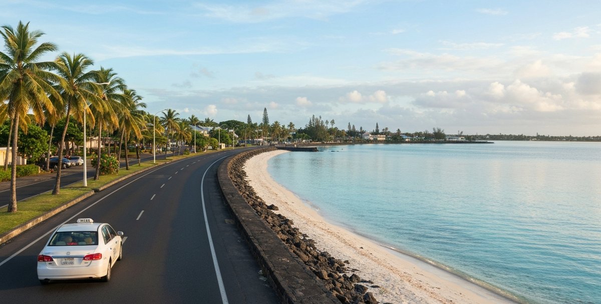 Coastal road at Grand Baie with turquoise lagoon and palm trees in the morning light