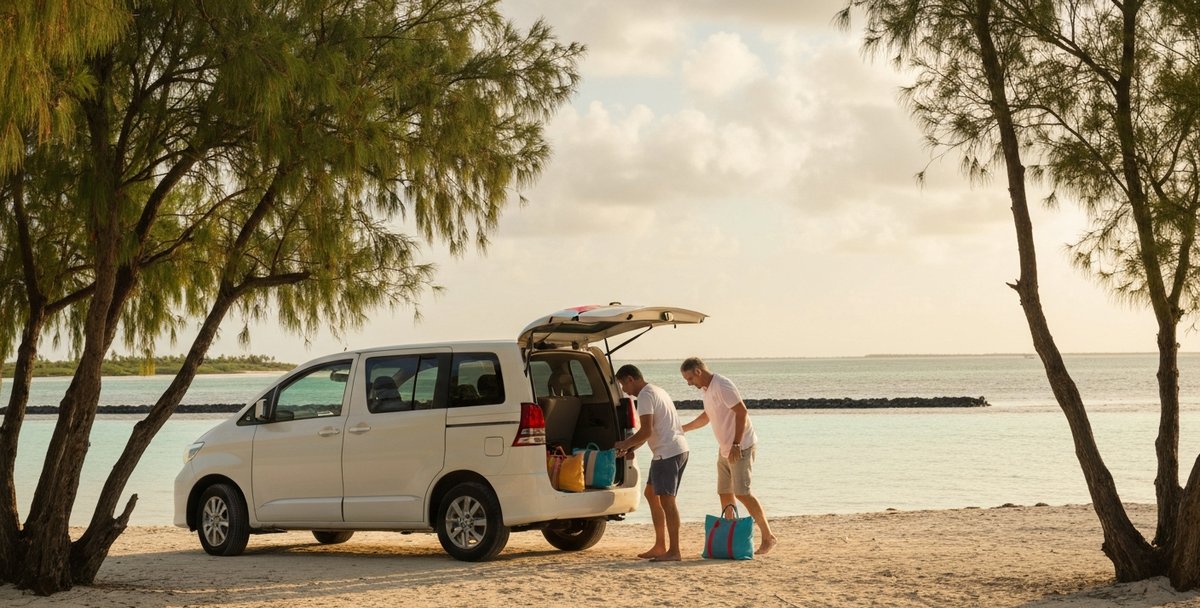 A private minivan parked beside a white sand beach in northern Mauritius with a family unloading beach equipment in late afternoon golden light