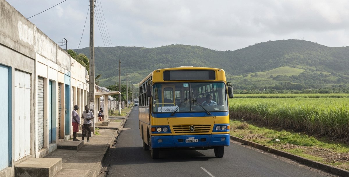 A local bus passing through a northern Mauritius coastal village with sugar cane fields in the background at midday