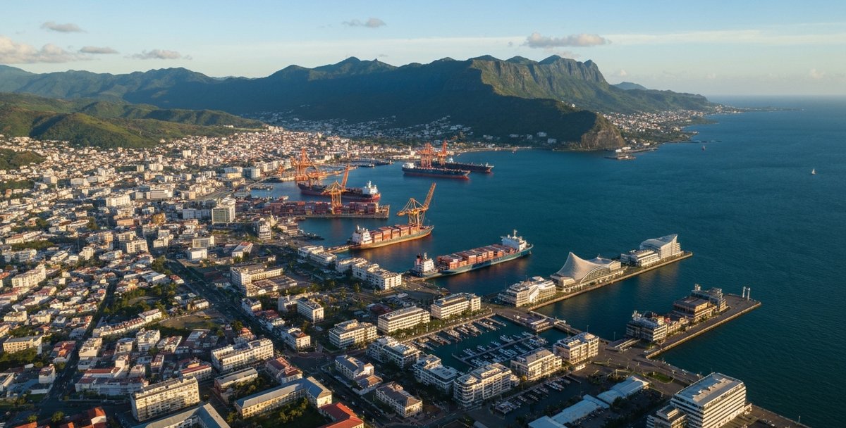 Aerial view of Port Louis waterfront at golden hour with the Caudan Waterfront and harbour visible