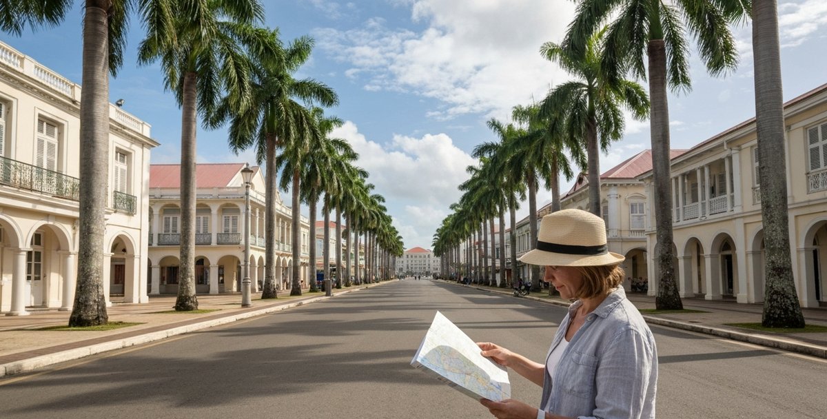 A visitor looking at a map near Place d'Armes, Port Louis, with royal palms lining the boulevard in the afternoon light