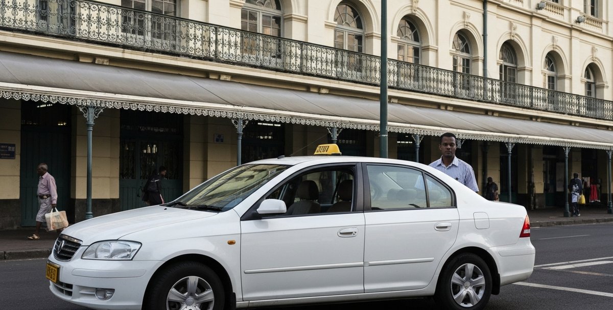 A clean private taxi parked near Port Louis Central Market with the colonial market building visible in the background, mid-morning light