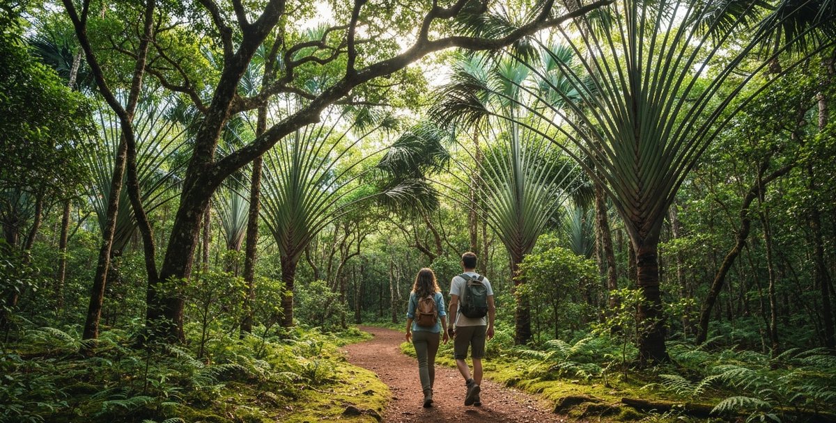 Hikers on a forest trail inside Black River Gorges National Park with endemic trees on both sides and dappled light filtering through the canopy