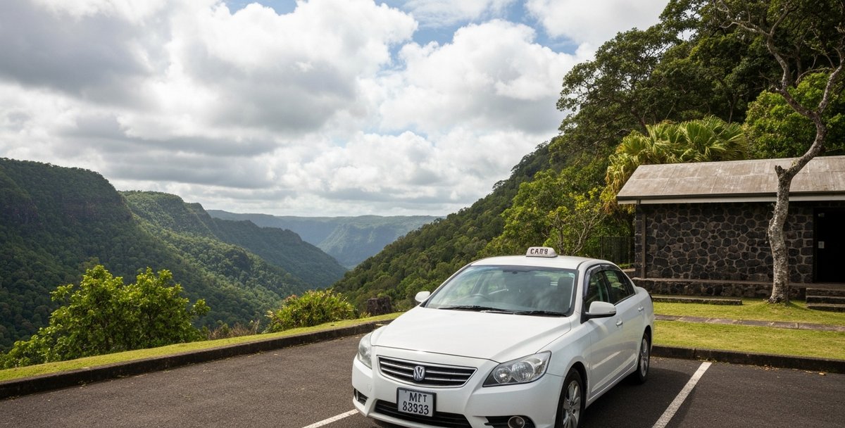 A private taxi parked at the Black River Gorges Visitor Centre car park with the forested gorge visible in the background under partly cloudy skies