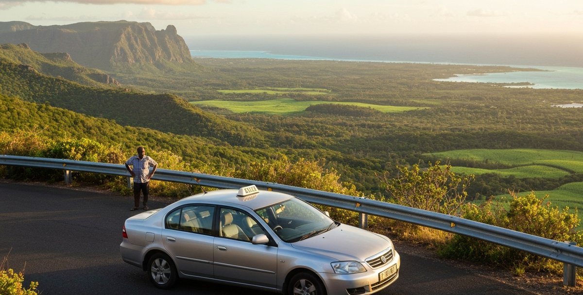 A silver private taxi parked on a winding mountain road in Chamarel, Mauritius, overlooking a green valley, driver standing beside the vehicle in late afternoon golden light
