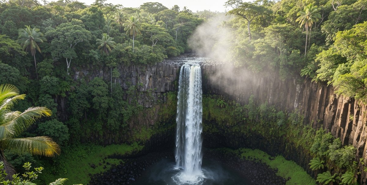 Chamarel waterfall in full flow dropping into a deep forest gorge in southwest Mauritius, morning mist rising from the pool below, green canopy framing the cascade