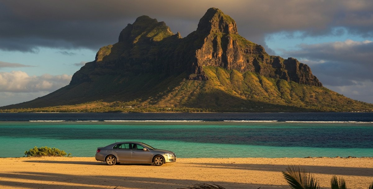 A private car parked at the edge of the Le Morne peninsula at golden hour, with the black basalt mountain rising behind and the shallow turquoise lagoon stretching to the horizon, warm orange light casting long shadows across the sand