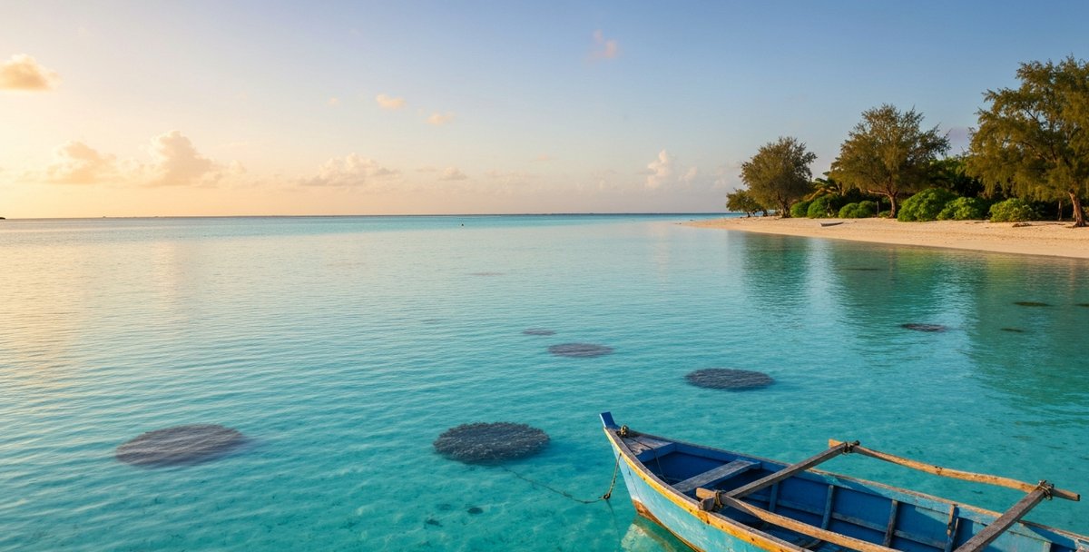 Panoramic view of the Blue Bay lagoon at sunrise with turquoise shallow water and a traditional wooden fishing pirogue in the foreground