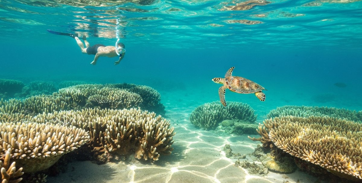A snorkeller hovering above a dense staghorn coral formation inside Blue Bay Marine Park, with sunlight filtering through clear turquoise water and a sea turtle visible in the middle distance