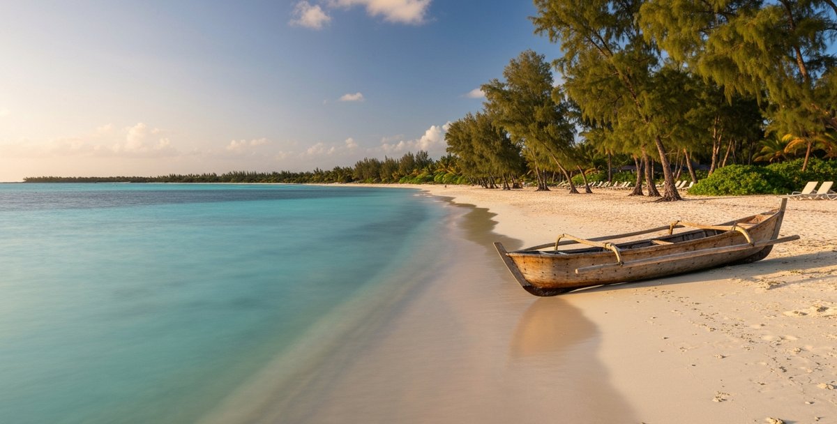 Turquoise lagoon at Belle Mare beach at golden hour with palm trees lining the shore and a traditional Mauritian pirogue on calm water