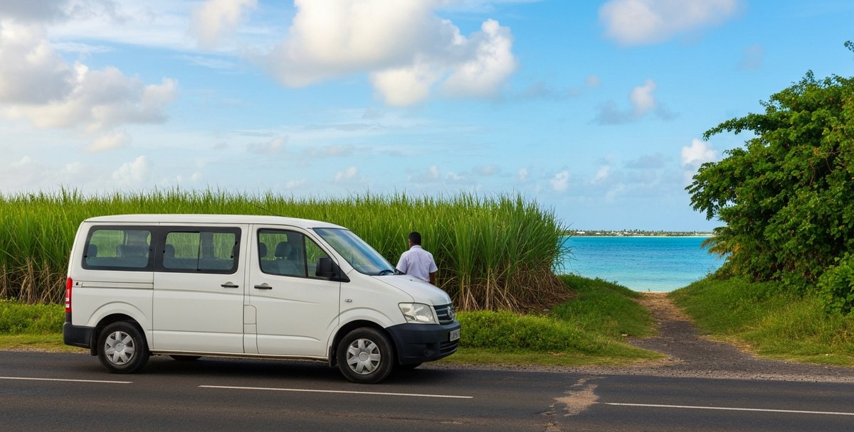 A clean modern taxi van parked on the roadside near a Mauritius east coast village with sugarcane fields behind and a glimpse of blue lagoon visible through the palm trees in the afternoon light