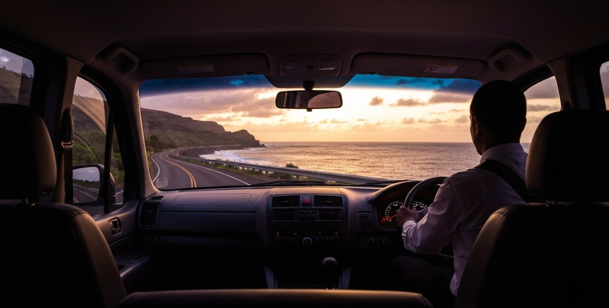A private minivan on a coastal road in Mauritius at dusk, golden light over the Indian Ocean, driver in formal attire