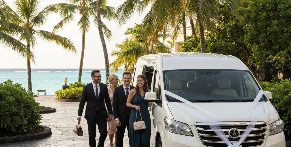 Wedding guests boarding a decorated minivan outside a beachside hotel in Mauritius, palm trees and turquoise water visible