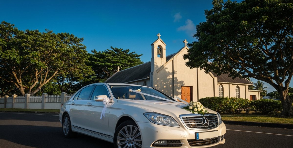 A decorated private car waiting outside a colonial church in Mauritius at golden hour, tropical trees in background