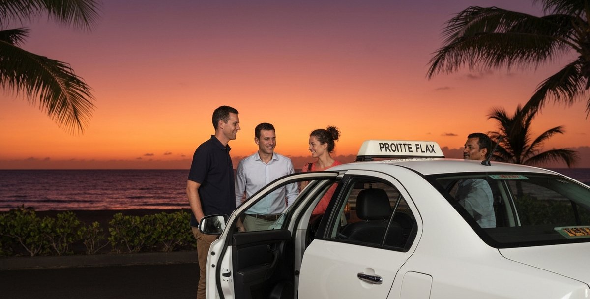 A group of travellers boarding a clean private taxi outside a restaurant in Flic en Flac at dusk, with the orange sky over the Indian Ocean visible beyond the beach, the driver in a smart collared shirt