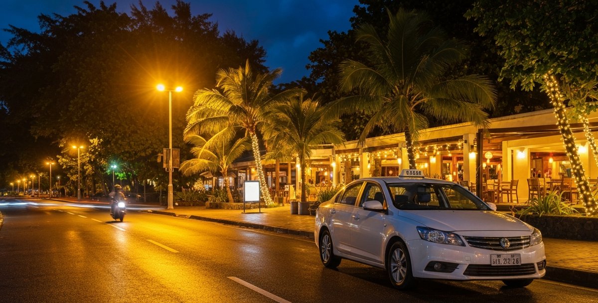 A private taxi waiting outside a beachside restaurant in Grand Baie at night, with warm amber street lights reflecting on the wet road and palm trees visible in the background