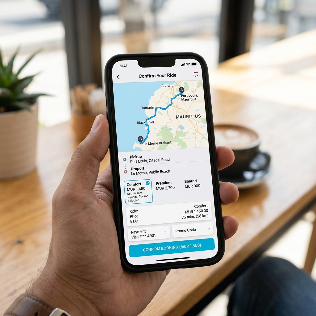 Screenshot of the Mauritian Rides app showing a ride being booked from Port Louis to Le Morne