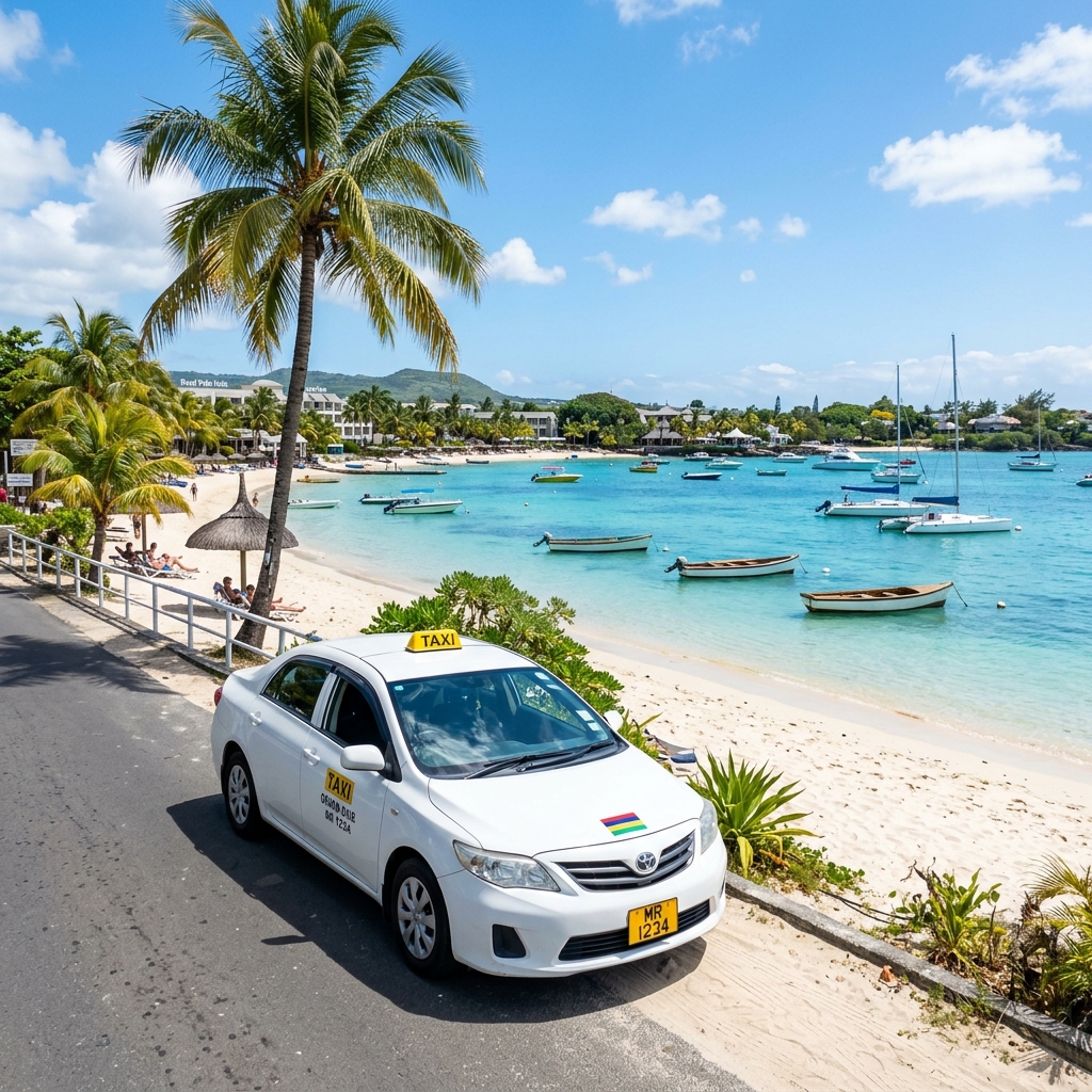 A standard taxi parked near the beach in Grand Baie, Mauritius